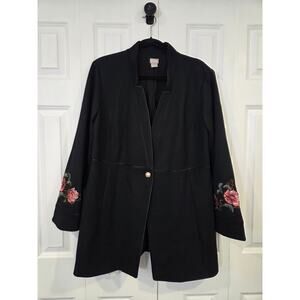 CHICO’S Black Floral Embroidered Ponte Long Jacket Coat Top Size 3 US 16/18